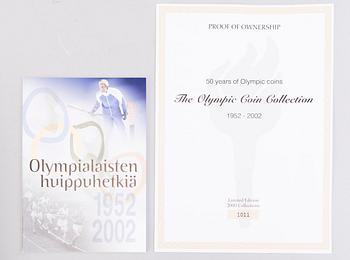 Set of Olympic coins, 21 pcs, partly silver, Olympic Coin Collection 1952-2002 boxed set and Athens 2004.