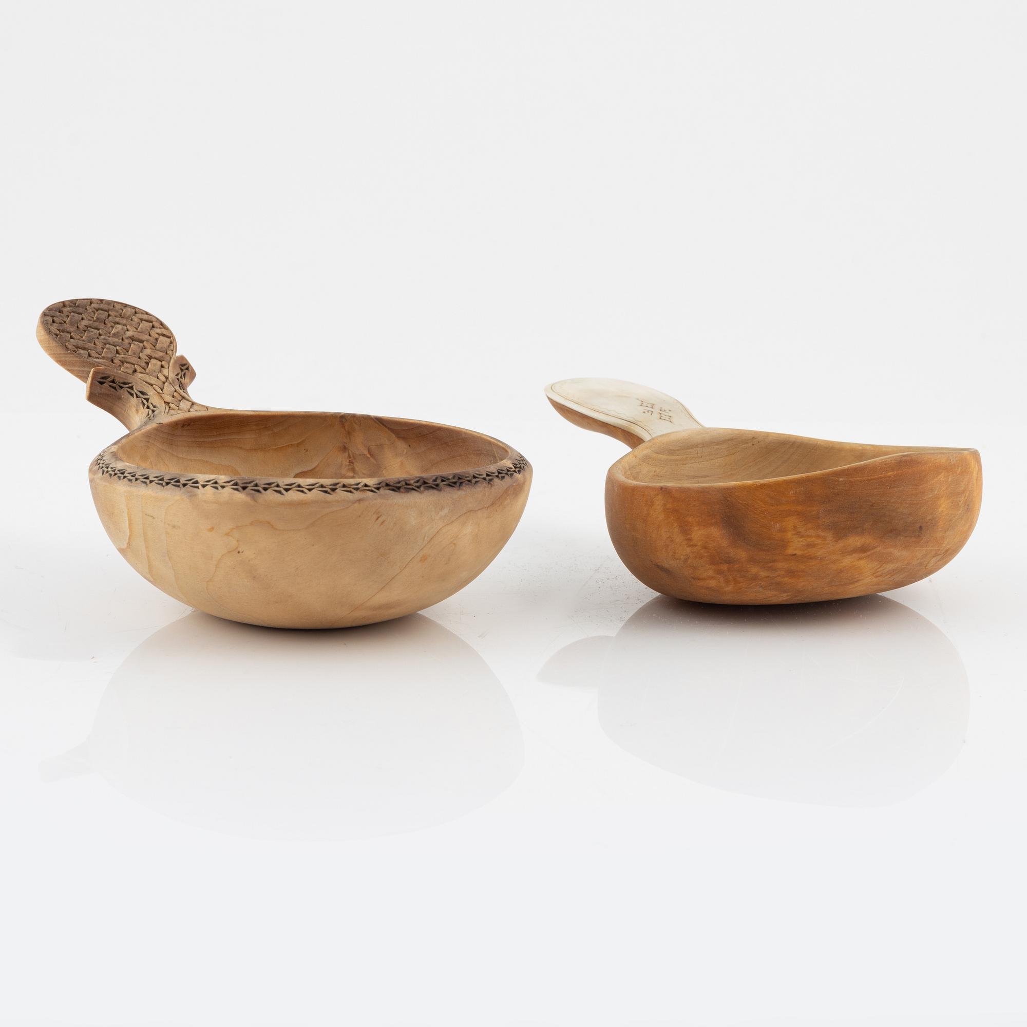 Two birch drinking cups, Helge Sunna and Gösta Andersson, Jokkmokk.