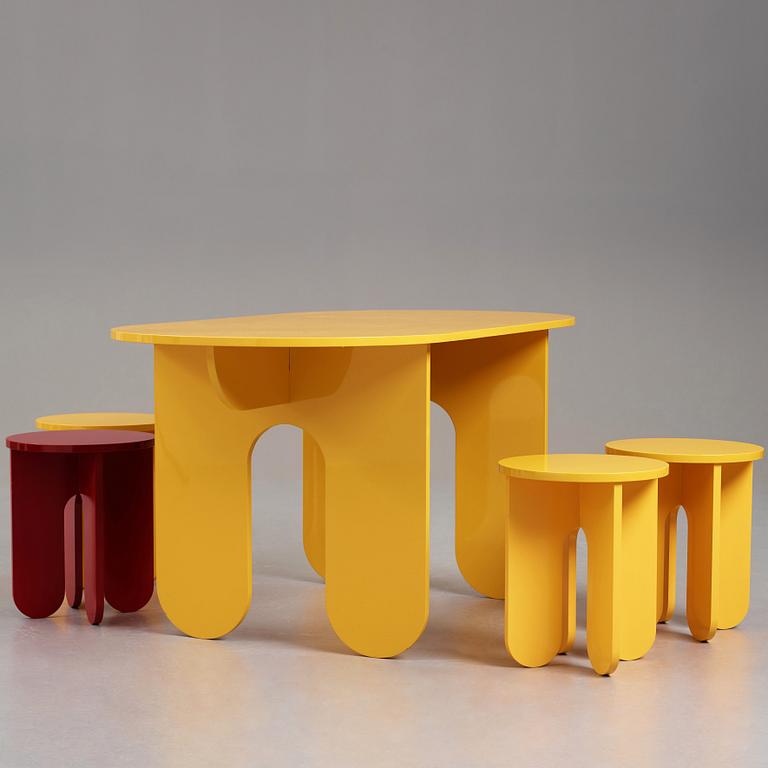 OWL, "Capsules”, a table and four stools in an unique colaboration with Arranging Things, 2019.