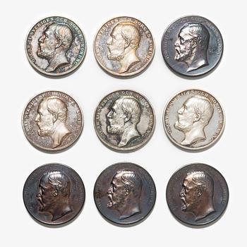 Nine silver medals, Kungliga Myntverket, Sweden, some circa 1890.