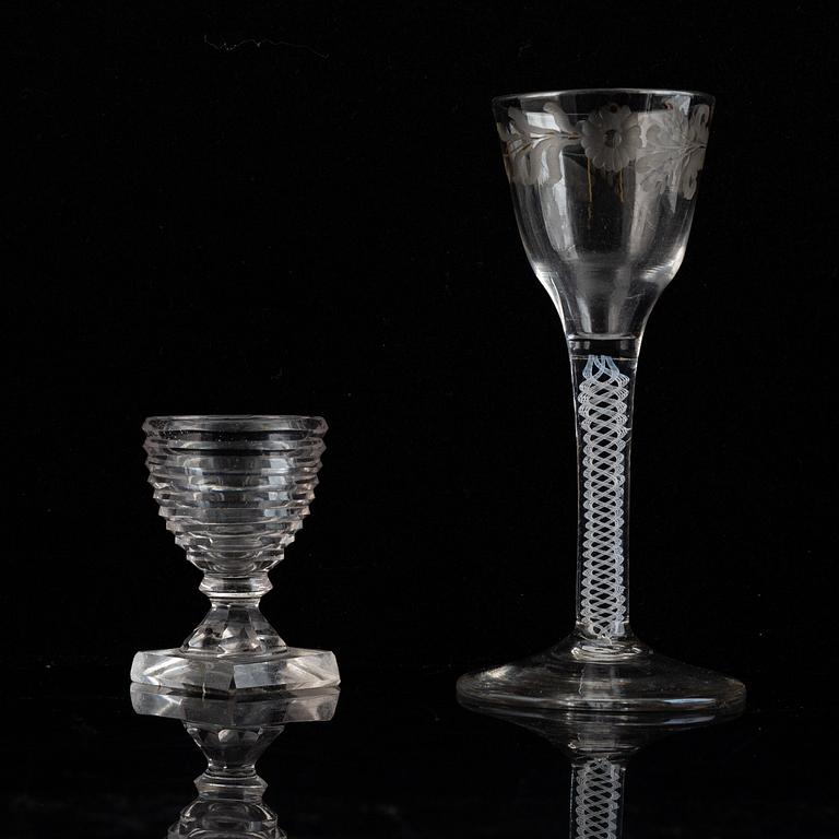 Two glasses, one of the presumably English, 18th Century.