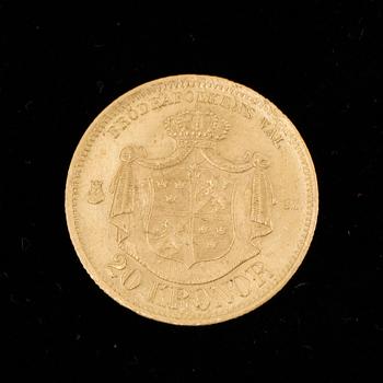 GULDMYNT, 20 Kronor, Oscar II, Sverige-Norge 1875. Vikt ca 8 gram.