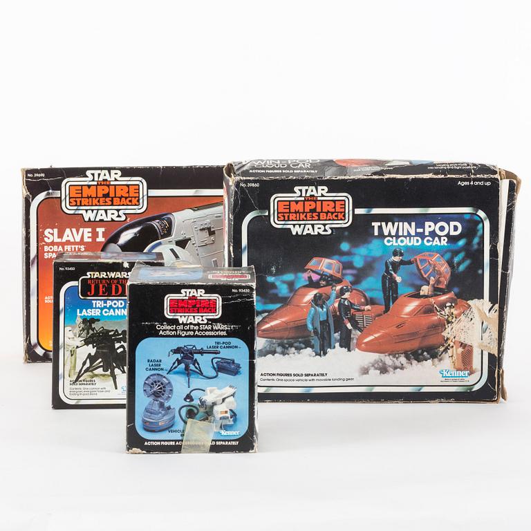 STAR WARS, Slave 1, Cloud Car, Vehicle Maintenance Energizer samt Tri-pod laser cannon i kartonger, Kenner, 1980-tal.