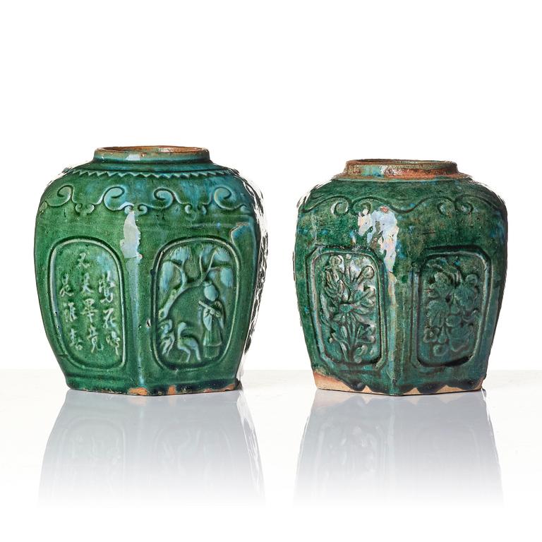 A set of two green glazed Chinese jars, 20th century.
