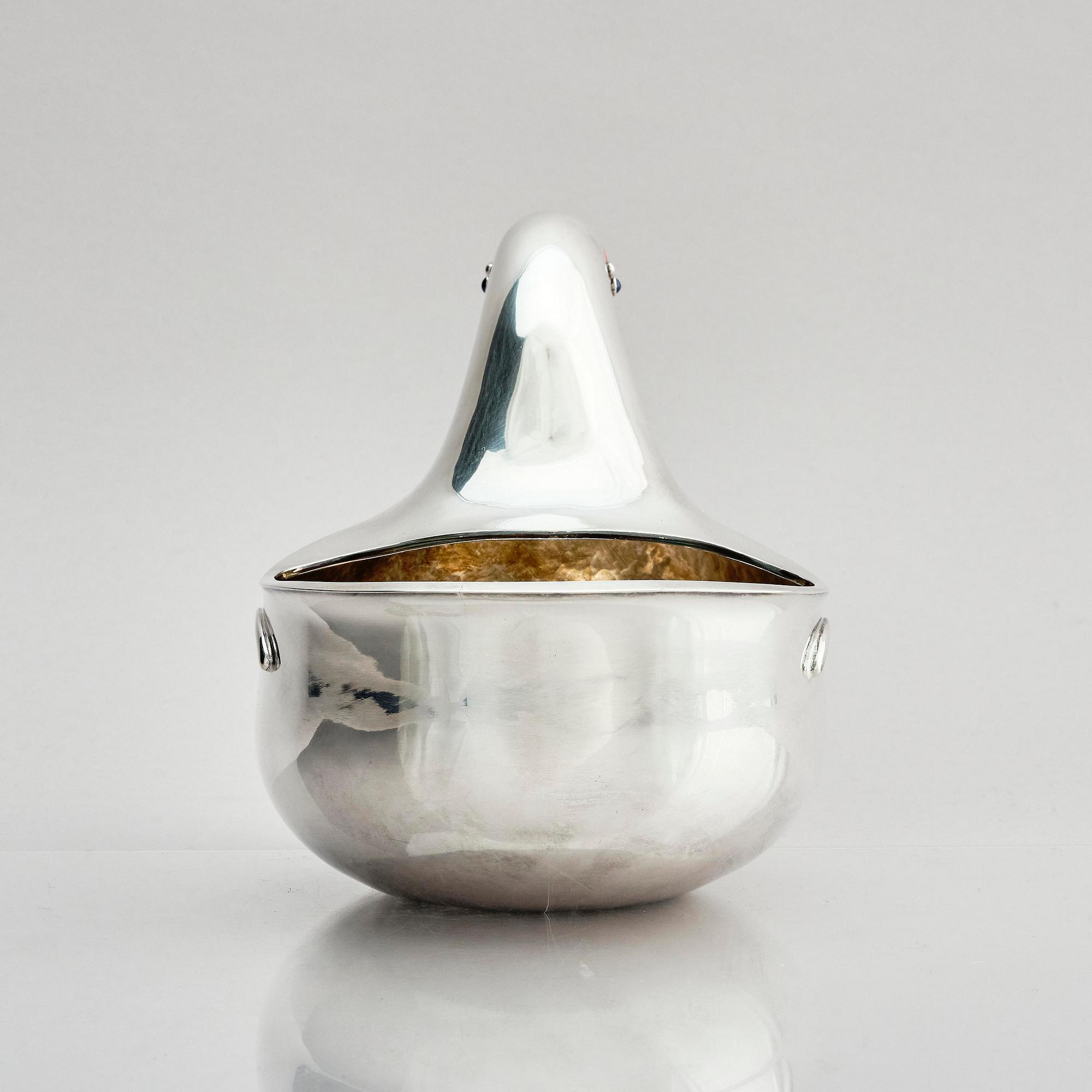 Gunnar Cyrén, "Stornäbb" (large beak), a unique sterling silver bowl with sapphires and glass, Gävle, Sweden 1977.
