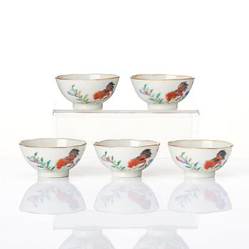 A set of five 'rooster' cups, early 20th Century, Daoguang seal mark in red.