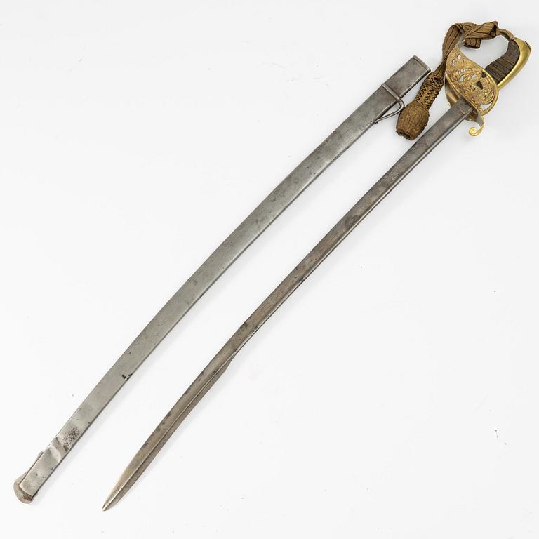 Sabre, Swedish, 1859 pattern for infantry officer, with scabbard.