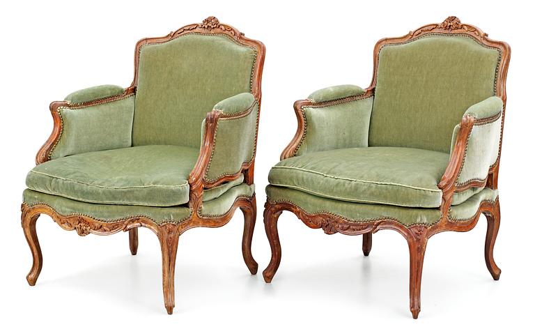 A pair of Louis XV 18th century bergeres. Stamped "P ROUSSEL", with inventory number and labeled  "Monsieur Villeboeuf".