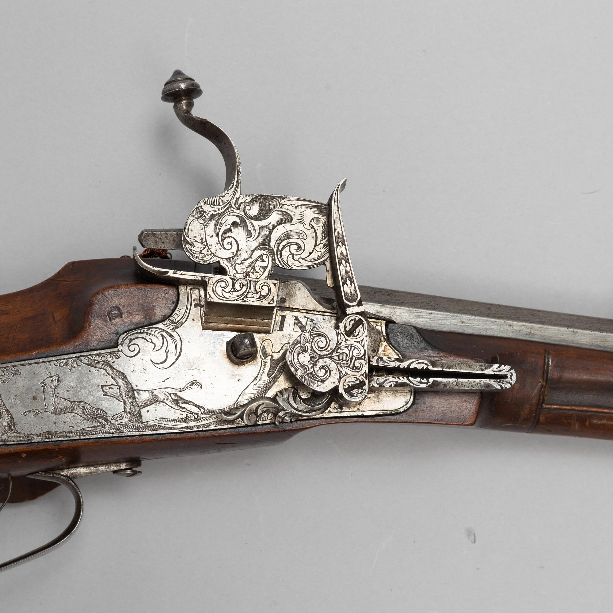Hjullåsstudsare, signerad Johan Neureuter, Salzb. (Salzburg 1669-1754) från omkring år 1700.