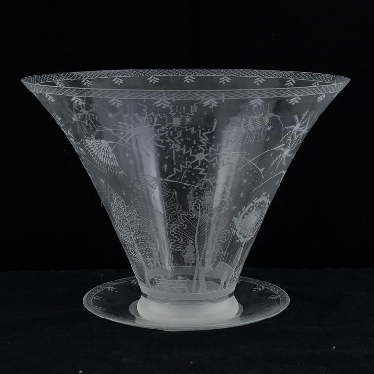 Edward Hald, an engraved glass "Fyrverkeriskål" with plate (fireworks bowl), Orrefors Sweden 1968,