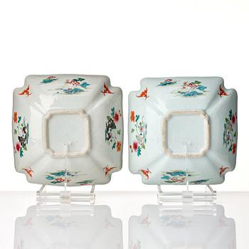 A pair of pillow shaped famille rose bowls, Qing dynasty, mid 18th Century.