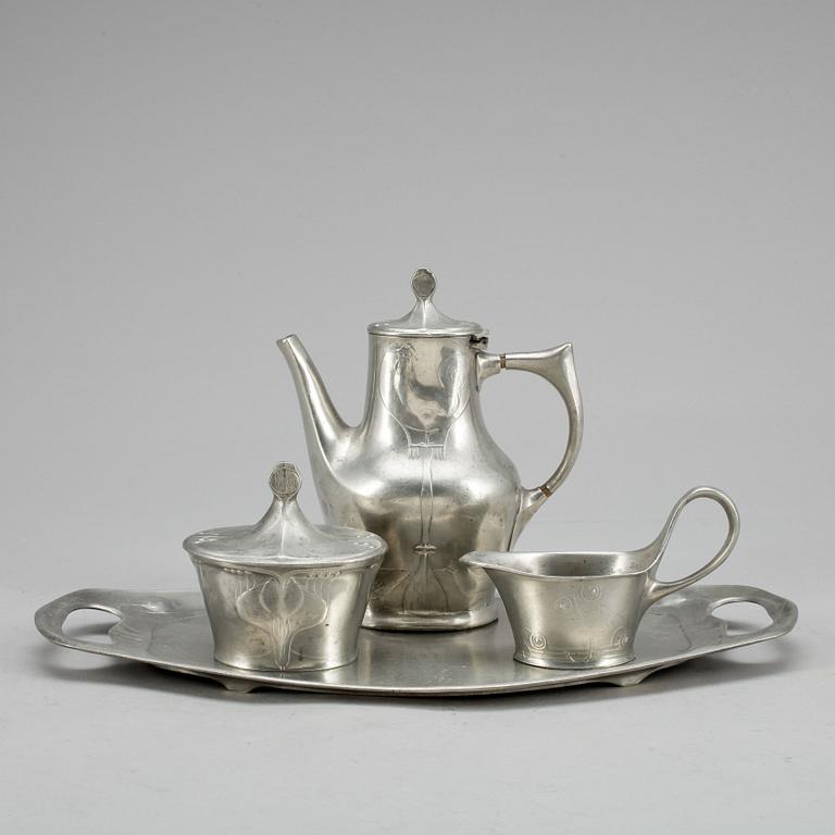 KAFFESERVIS, 4 delar, tenn, jugend, Kayserzinn, Tyskland, tidigt 1900-tal.