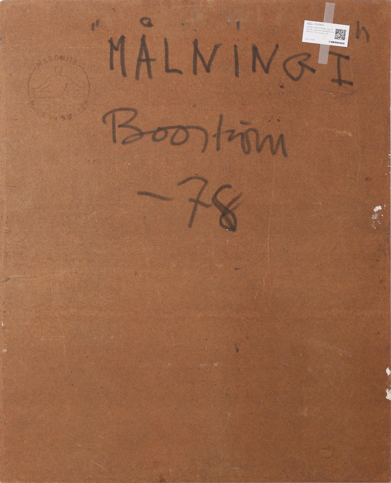 HARRY BOOSTRÖM, olja på pannå, signerad, betitlad samt daterad -78 a tergo.