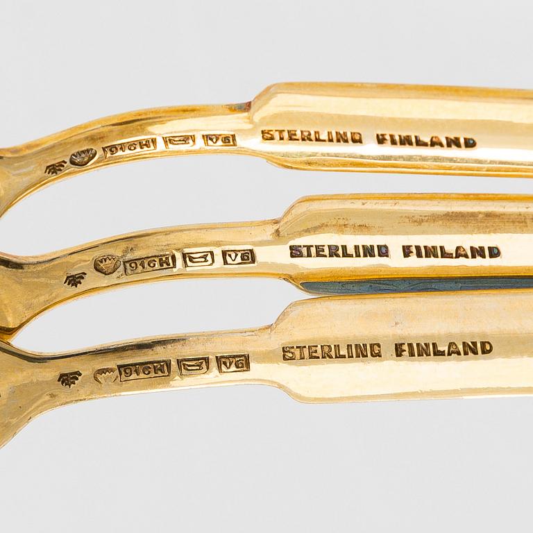 Tillander, six cocktail/serving forks, enamel and gilded silver (916), Helsinki, 1950.