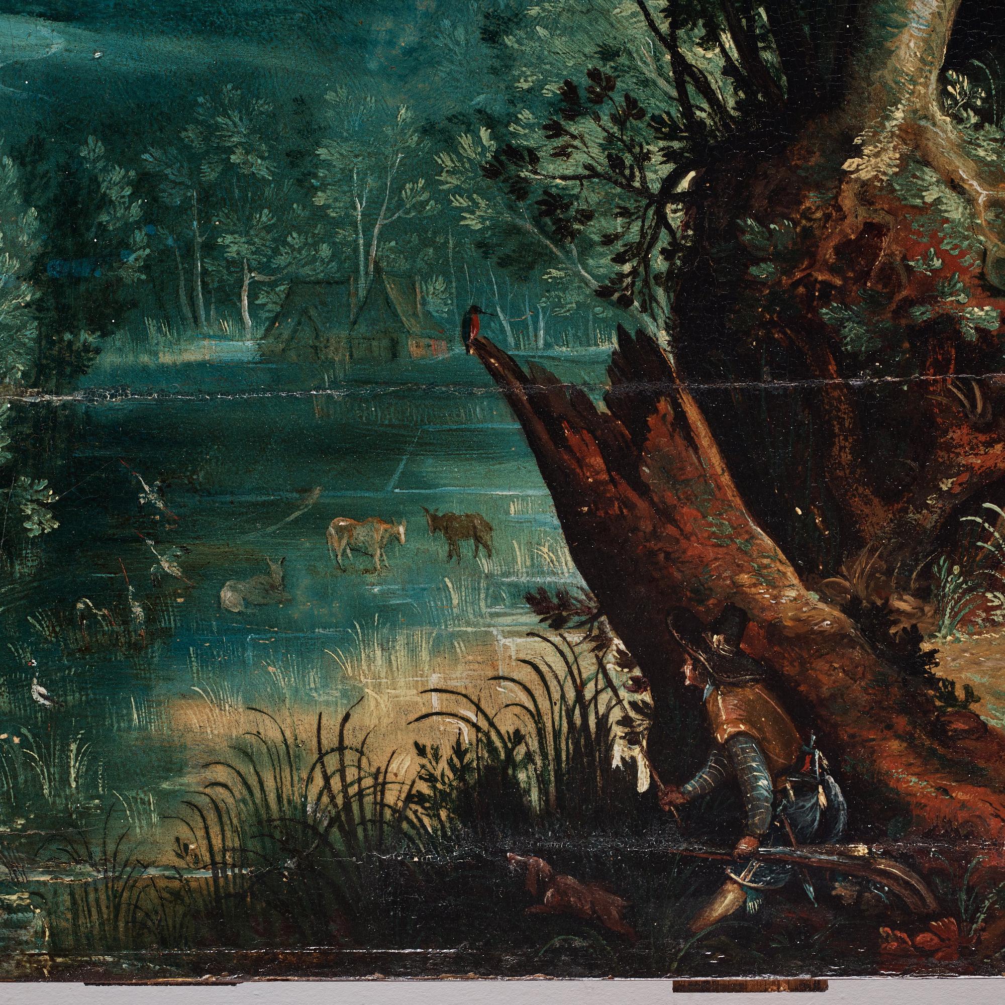 David Vinckboons Follower of, An extensive landscape with hunters.