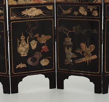 An eight panel lacquer screen, Qing dynasty, presumably Kangxi (1662-1722).