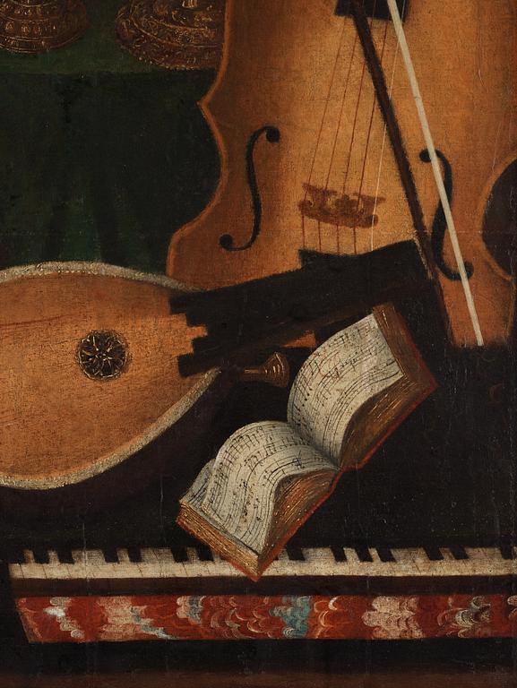 Vanitas med silverföremål, musikinstrument och döskalle.