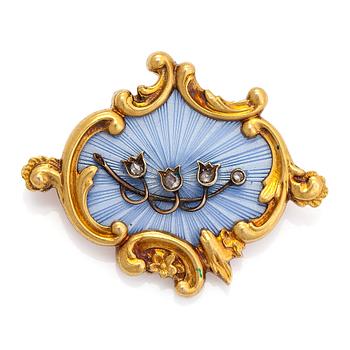 An 18K gold brooch, with enamel and rose-cut diamonds, Vyborg 1906.