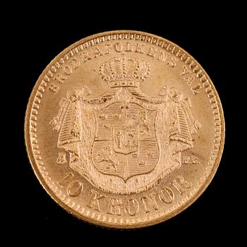 GULDMYNT, 10 kronor, Oscar II, 1894.  Vikt ca 5 gram.