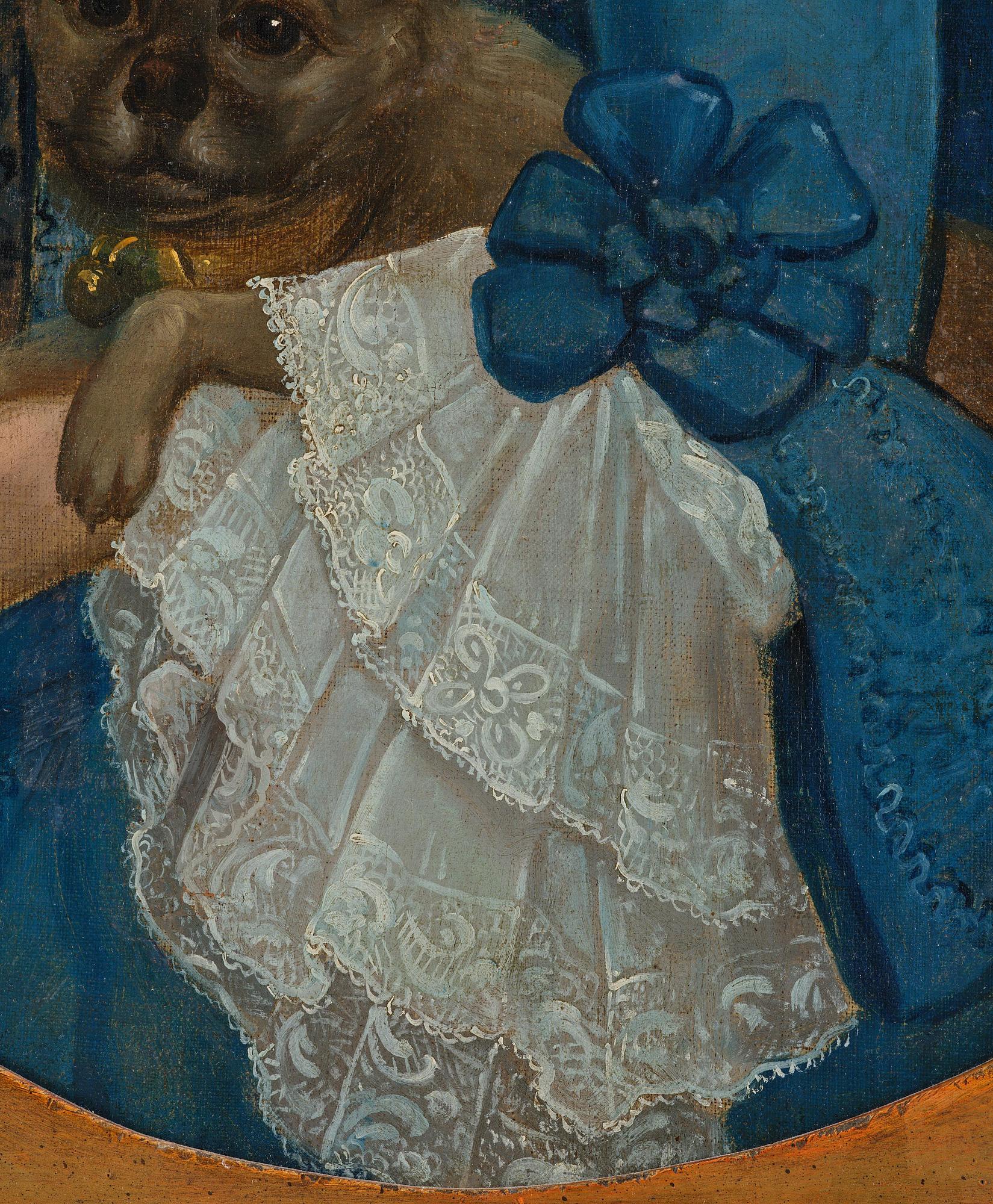 Unknown artist, 19th century, Noblewoman with a Dog, coat of arms featuring three hearts and a double-headed eagle.