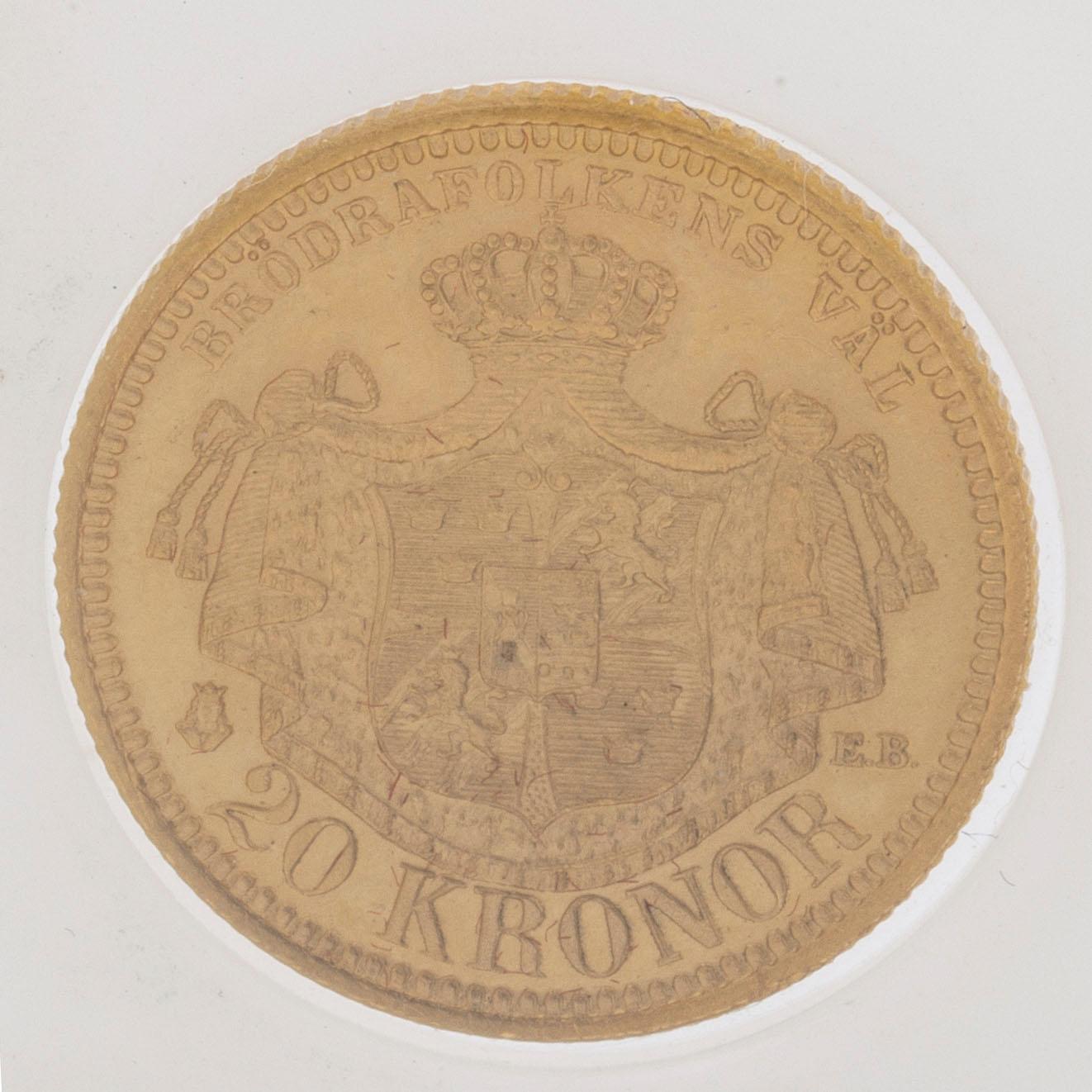 MYNT, guld, 20 kronor, Oscar II, 1898, vikt ca 9 g.