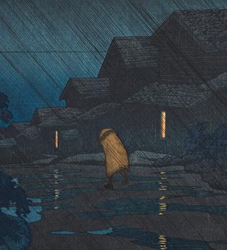 KAWASE HASUI (1883-1957), colour woodblock print. Japan, "Night Rain".