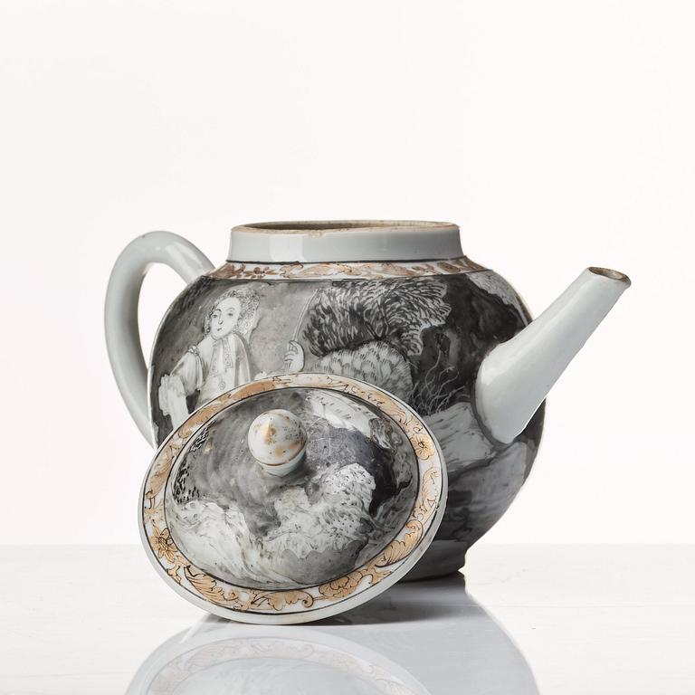 A grisaille and gold tea pot with cover, Qing dynasty, Qianlong (1736-95).