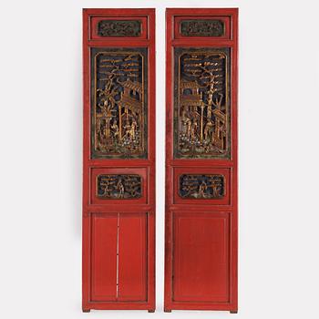 Two Chinese wooden carved panels, 20th century.