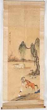 A Chinese scroll painting by un unkown artist, late Qing dynasty.