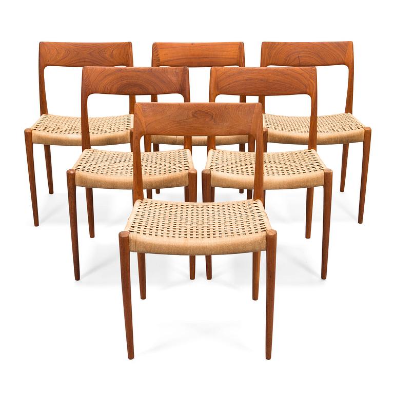Niels Otto Møller, stolar, 6 st, modell 77, J.L. Møllers Møbelfabrik, Danmark, 1960-tal.