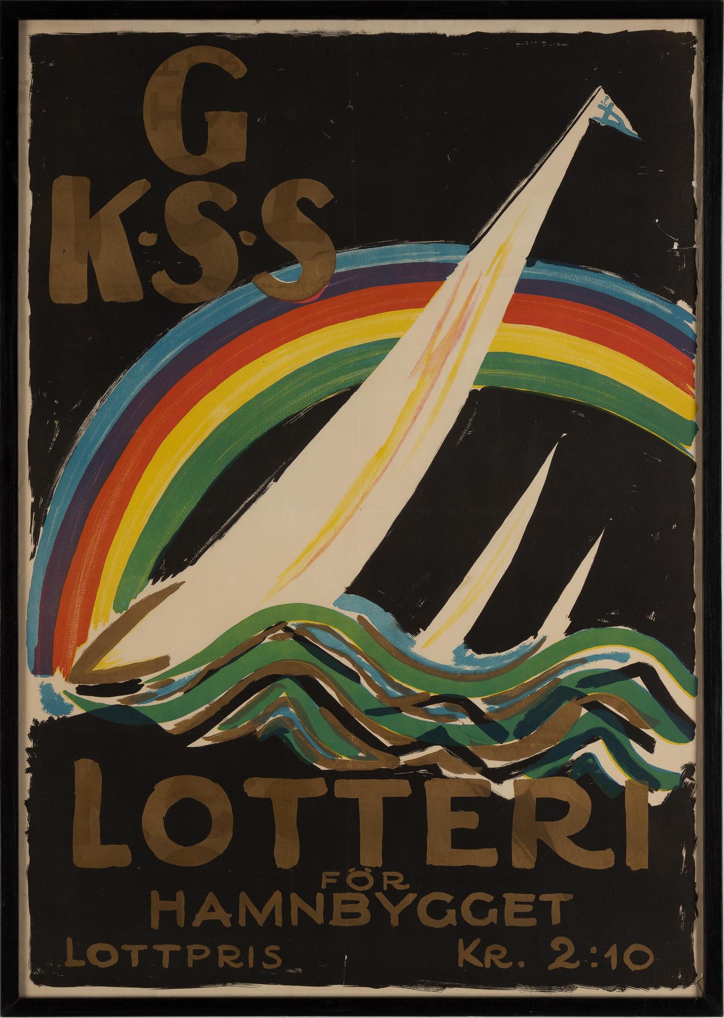 Affischer, 3 st, seglartema. "GKSS" Lotteri", "Kurs på Malmö" samt "Styrman Karlssons flammor".