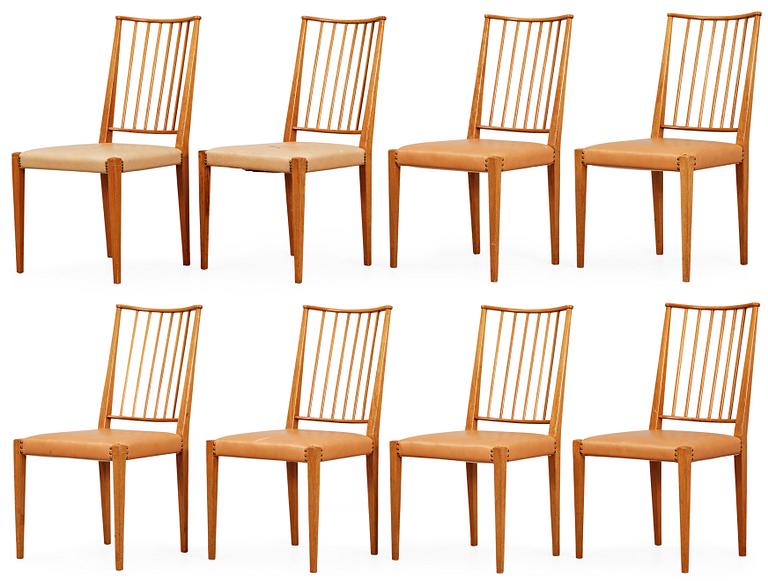 A set of eight Josef Frank mahogany and beige leather chairs, Svenskt Tenn, model 970.