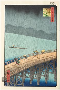 Ando Utagawa Hiroshige, efter, "Sudden Shower over Shin-Öhashi Bridge and Atake", 1900-tal.