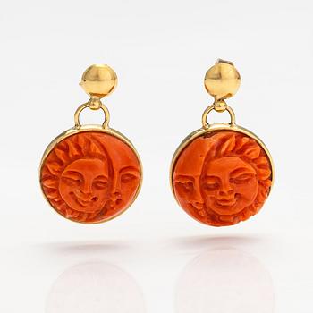 A pair of 18K gold and coral earrings. Italy.