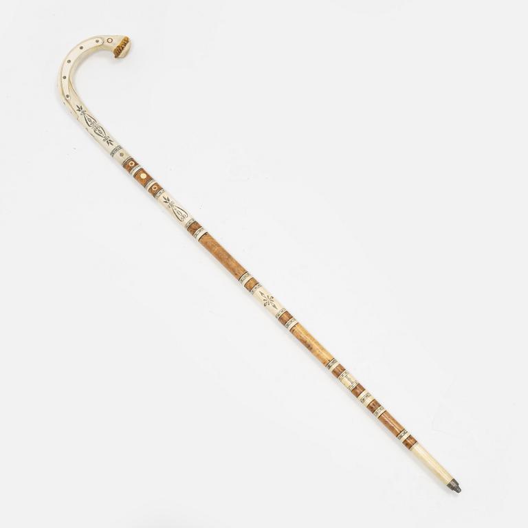 Anton Enarsson, a birch and reindeer horn walking stick, signed AE.