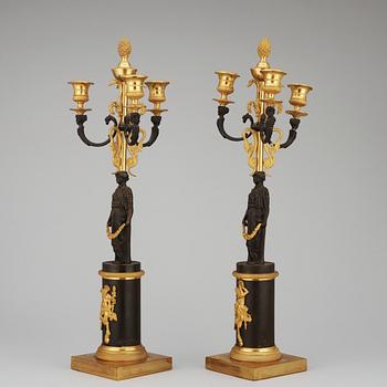 A pair of Empire 19th century three-light candelabra, probably Russian.