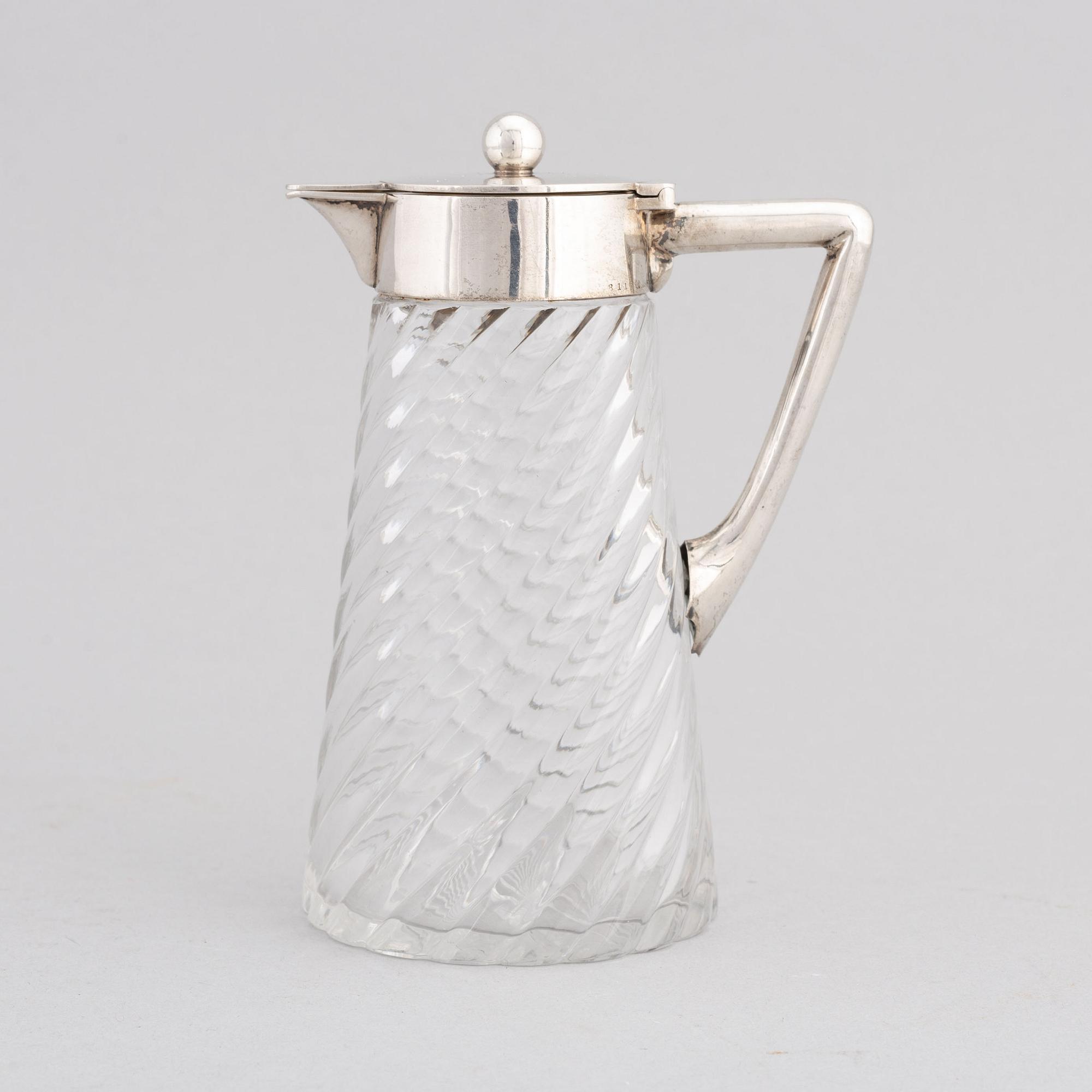 A German glass and silver carafe, mark of Wilhelm Binder, Bremen, Schwäbisch Gmünd, circa 1900.