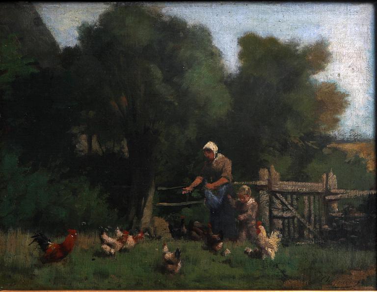 CHARLES EMILE JACQUE, troligen, olja på pannå, otydligt sign.