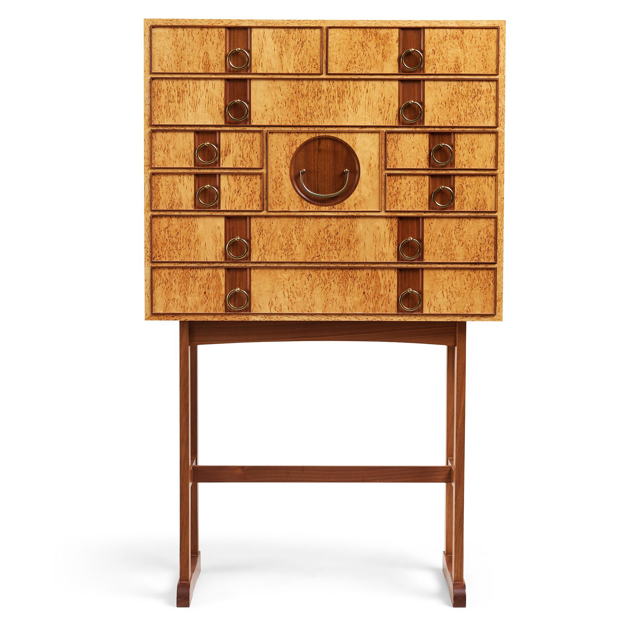 Josef Frank, a birch burrwood and padouck cabinet on stand, model 2215, Svenskt Tenn Sweden probably 1960-70's.