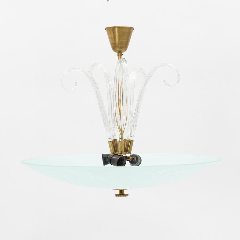 Nordiska Kompaniet, a Swedish Modern glass and brass ceiling light, 1940's.