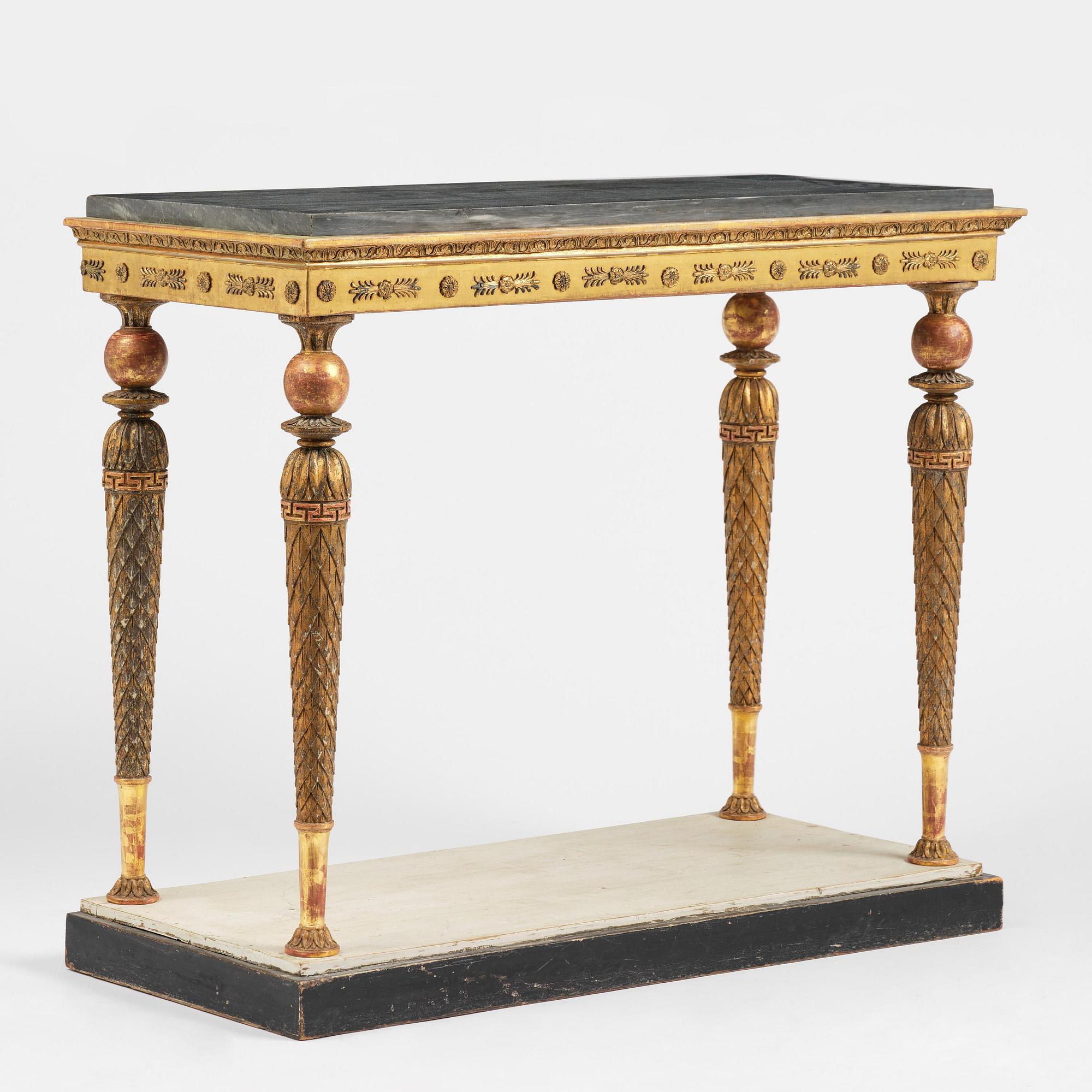 A late Gustavian giltwood console table in the manner of Jonas Frisk, Stockholm, circa 1800.