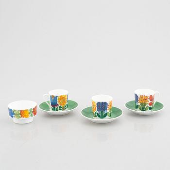 Stig Lindberg, three coffee cups with saucers and a bowl, bonechina, "Tahiti", Gustavsberg, 1970-73.