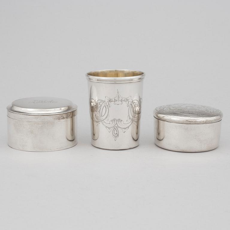 Two Swedish 19th Century silver boxes and one silver beaker, one made by Johan Petter Grönvall, 1827, Stockholm.