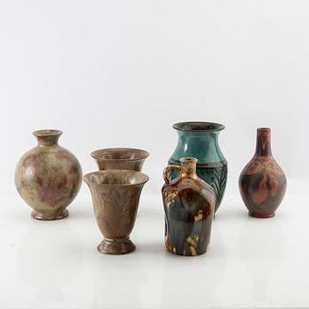 Andersson & Johansson vases 6 pcs Höganäs early 20th century glazed stoneware.