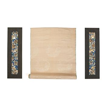 A bolt of creme coloured silk fabric, a framed textile and two embroidered silk panels, Qing dynasty.