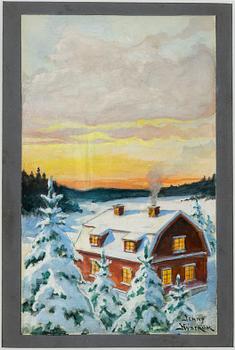Jenny Nyström, 'Snowy landscape with houses and fir trees'.