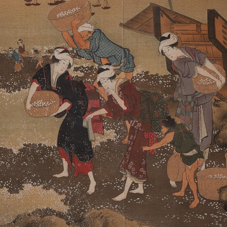 KATSUSHIKA HOKUSAI (1760–1849), efter, färgträsnitt på textil. Japan, "Shell Gathering", 1900-tal.