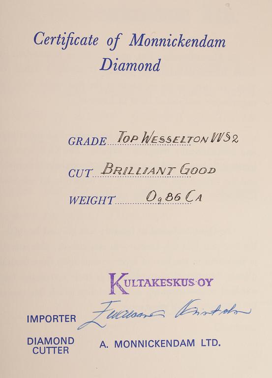 DIAMANT, briljantslipad 0,86 ct F-G (Top Wesselton) / VVS2.