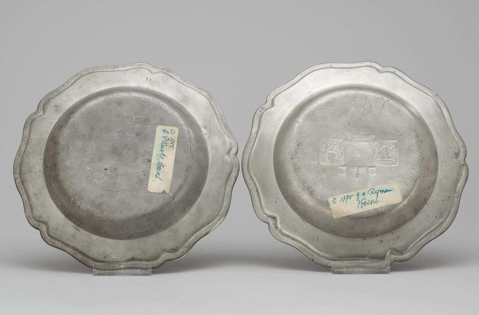 Two Swedish pewter rococo plates.