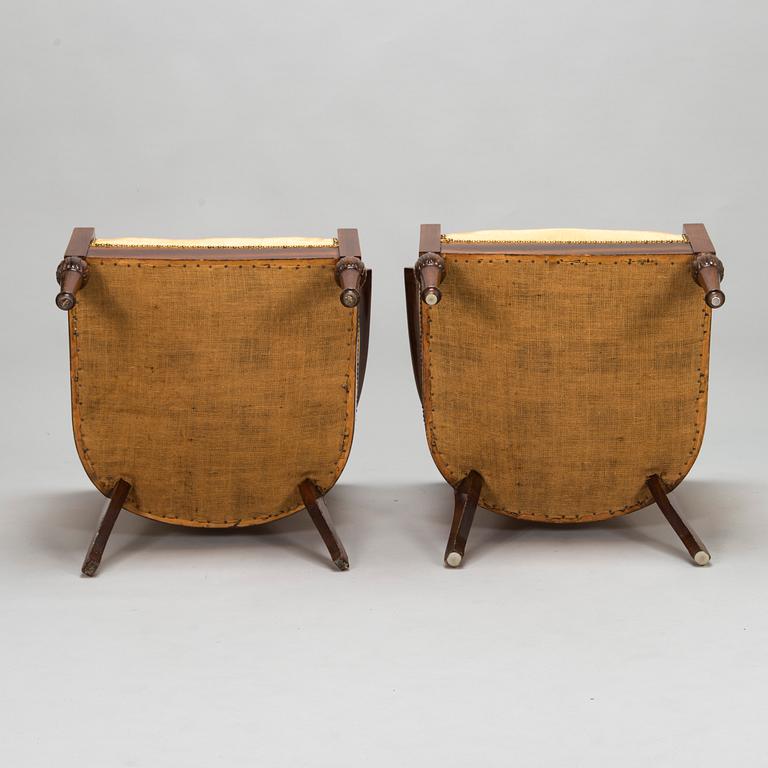 Pair of mahogany and mahogany veneered armchairs, 1920-30s.